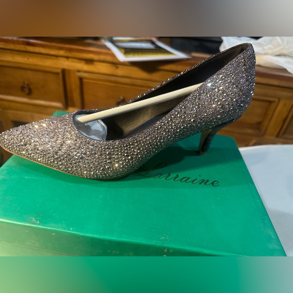 Lauren Lorraine Silver Glitter Pointed Kitten Heel Pumps